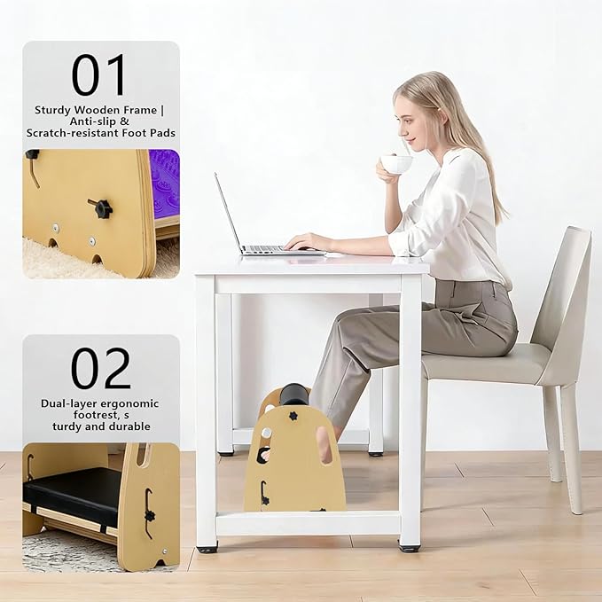 Double Layer Wooden Foot Stool for Under Desk, Foam Roller Top + Cushioned Bottom with Replaceable Massage Pad, Ergonomic Design, Suitable for Office, Home, Gaming, All Seasons Use(Purple)