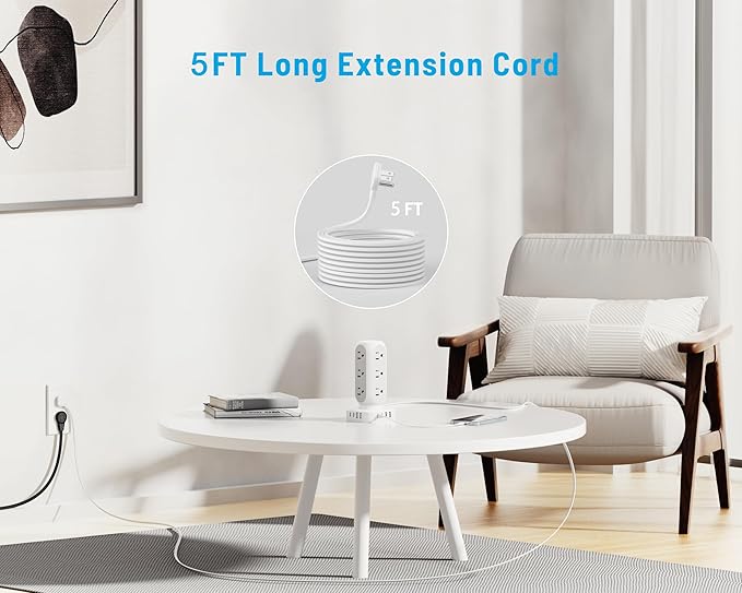 Tower Surge Protector Power Strip, Flat Plug Outlet Extender with 12 AC Outlets & 8 USB Ports, 5 FT Extension Cord with Multiple Outlets, 24W Total Charging Station for Home Office Dorm Room