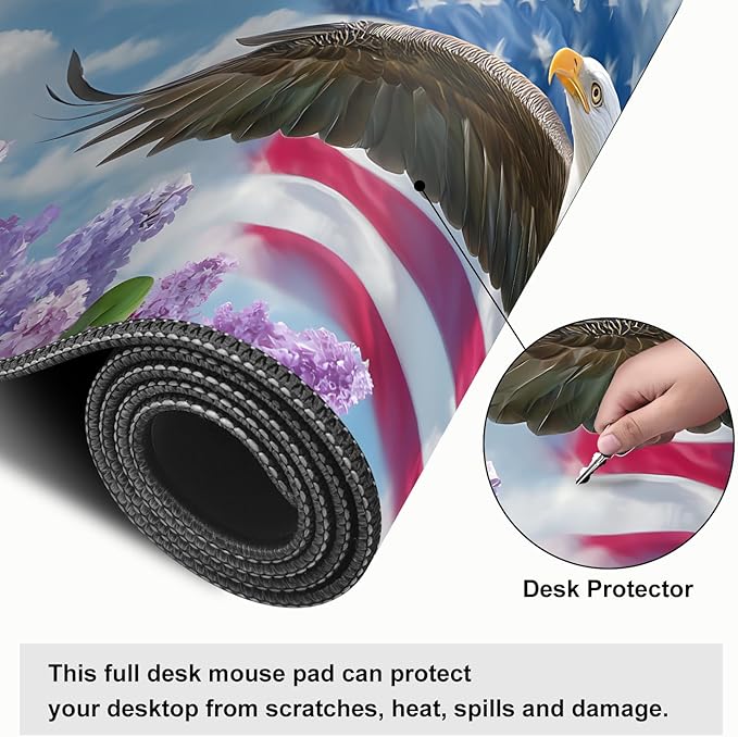 Mouse Pad, Large Anti-Slip with Stitched Edges Desk Mat Desktop Laptop Computer Desk Keyboard Mat,Table Protector Blotter Mat (Flowers and Eagles, 31.5" x 11.8")