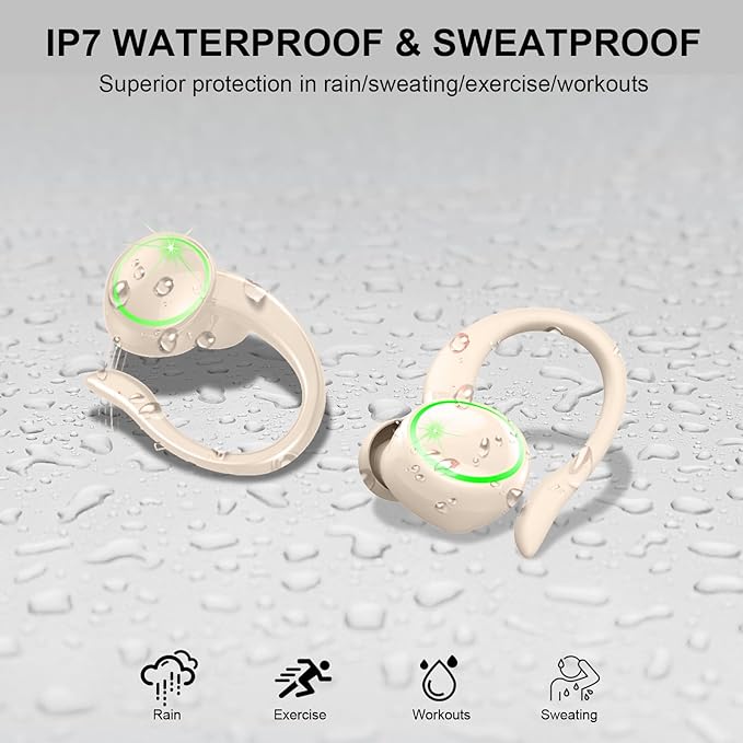 Wireless Earbuds, Bluetooth Headphones Sports, Deep Bass Earphones Gym Running, IP7 Waterproof Headset with Earhook Workout, 50H Playback Over-Ear Buds with ENC Noise Cancelling Mic