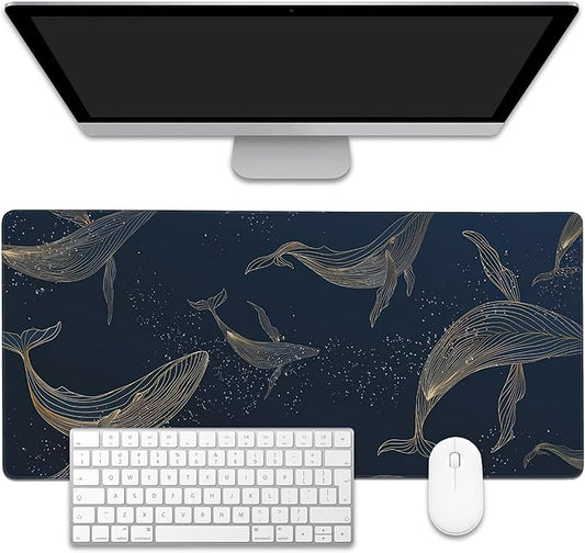 Whales in Gold Line Desk Mat,Large Gaming Mouse Pad,Non-Slip Rubber Base Desk Pad with Stitched Edges for Desk Office Home Decor 35.4X15.7 Inch