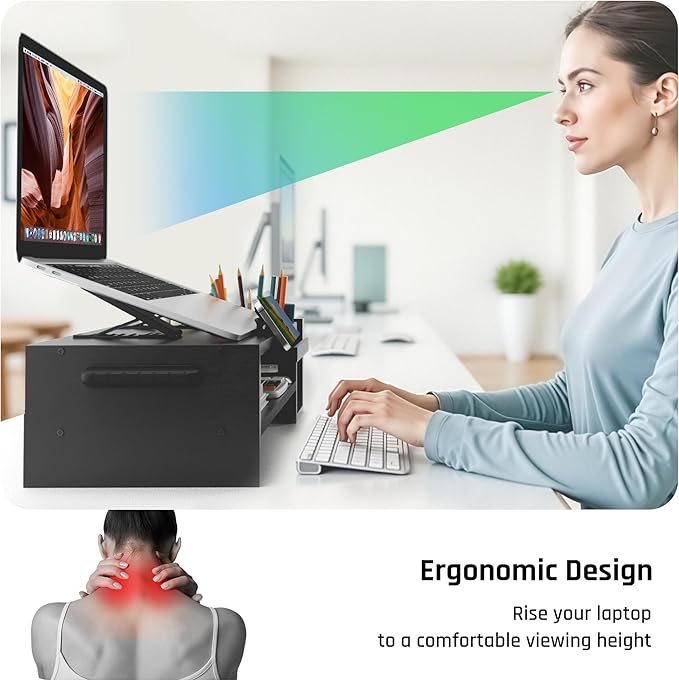 AFOOYO Adjustable Wood Laptop Stand, Ergonomic Height & Angle Computer Riser with Pen Holder – Compatible with MacBook Air/Pro, Dell, HP, Lenovo & 10-17.3" Notebooks – Black