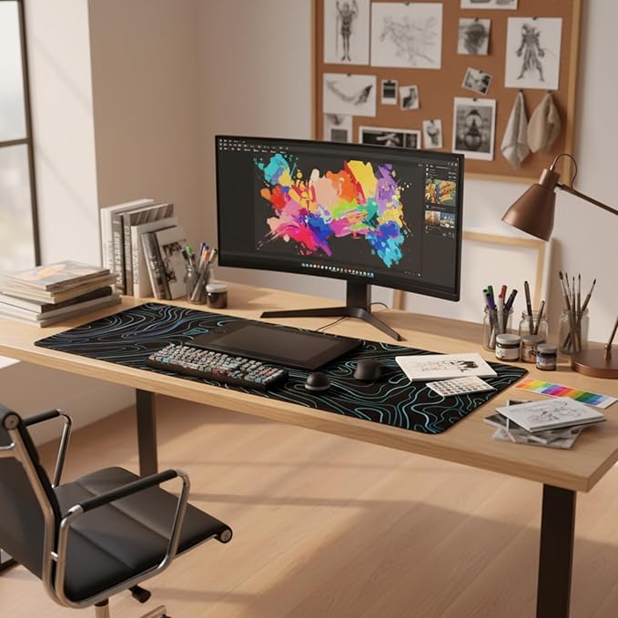 Topographic XL Mouse Pad (35.4x15.7 Inch), Large Gaming Desk Mat with Stitched Edges, Waterproof Non-Slip XXL Keyboard Pad, Aesthetic Blue Line Art Desk Decor
