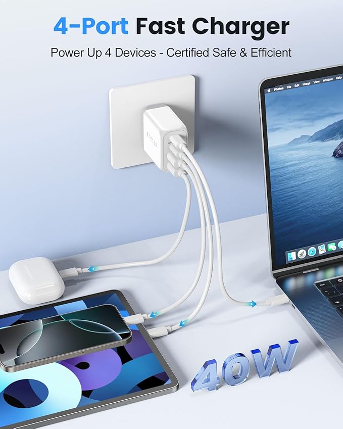 40W USB C Charger Block, 2-Pack 4-Port Fast Charging Block Power Adapter, Dual PD & QC Type-C Multiport Wall Charger for iPhone 17 16 15 14 13 12 11 Pro Max, Samsung, Tablets