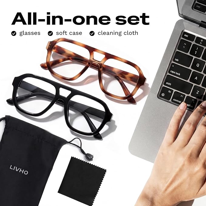 livho Retro Aviator Blue Light Blocking Glasses for Women Men with Soft Case, Trendy Rectangle Computer Eyeglasses