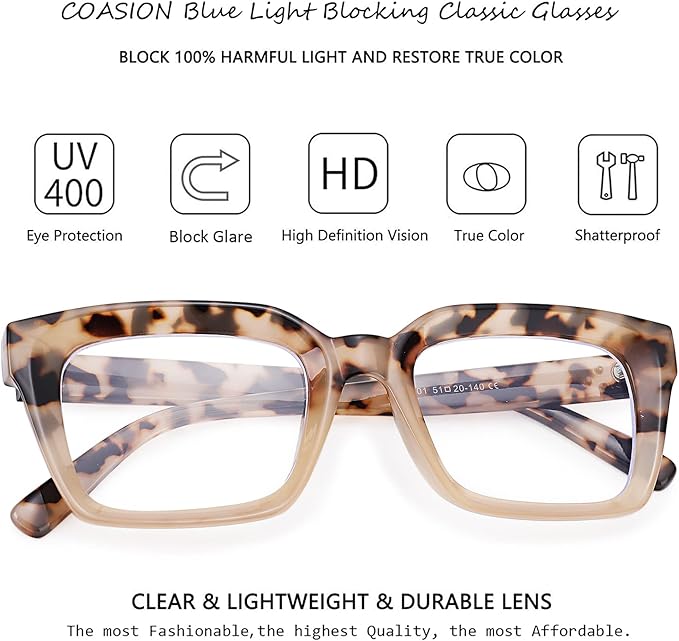 COASION Blue Light Blocking Eyeglasses Classic Thick Square Rim Frame Eyewear for Women Men