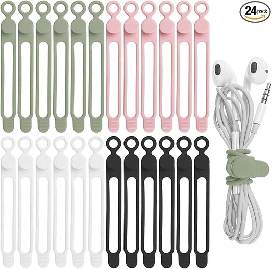 Nearockle 24Pcs Silicone Cable Straps Cord Organizer for Bundling Earphone, Phone Charger, Computer Cords, Reusable Cable Ties Wire Organizer in Home,Office,Kitchen,School (4 Colors) by ELECTRONICSORGANIZATION