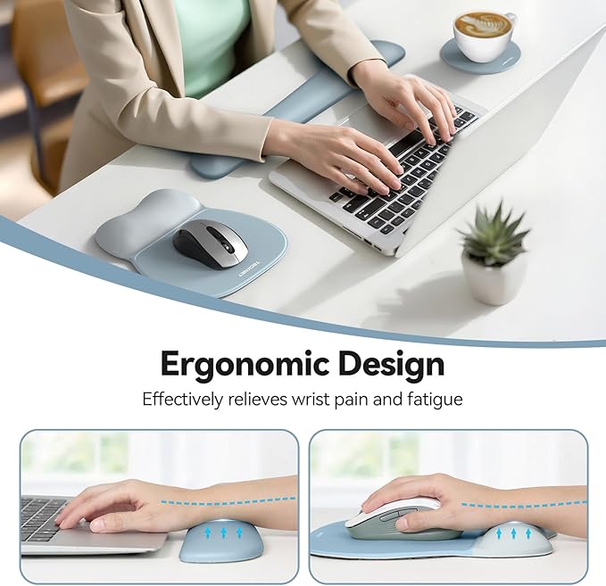 TECKNET Gel Mouse Pad with Wrist Rest, 3 in 1 Keyboard Wrist Rest for Pain Relief, Non-Slip PU Base & Easy Typing, Ergonomic Mousepad Set for Office & Home