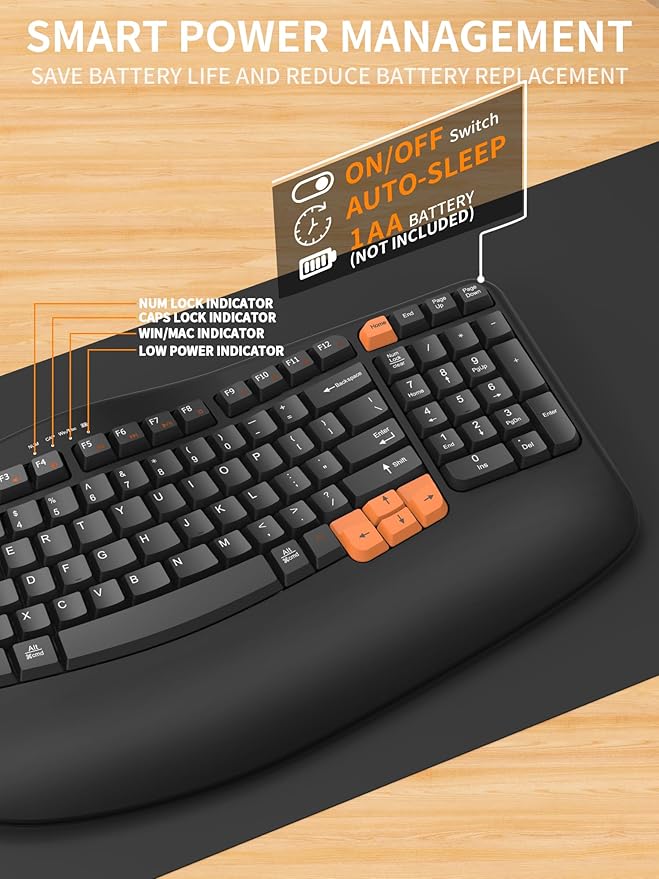 RECCAZR Ergonomic Wireless Keyboard with Wrist Rest, Wave Keys for Comfortable Natural Typing, 2.4GHz Ergo Wireless Computer Keyboard for Windows, Mac OS Laptop/PC/Notebook (Black&Orange)