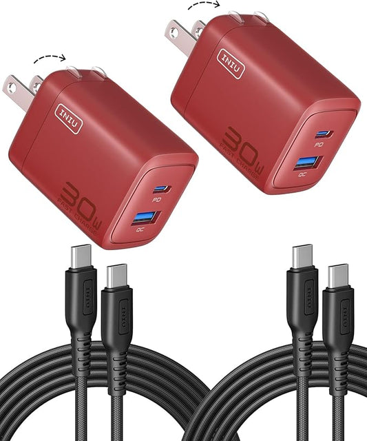 INIU Dual Port Fast Charger, 2-Pack 30W PD QC Type C Charging Block With 5ft USB-C Cable, Compact USB C Wall Charger With Foldable Plug for iPhone 17 16, Samsung S25 S24, Students, Kid, Emergency, Red