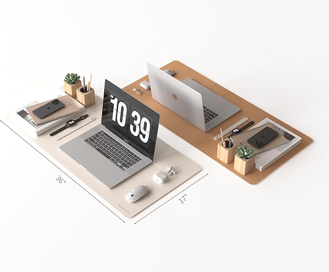 RENMTURE Dual-Sided Large Desk Pad, Faux Leather Natural Cork Mouse pad, Desk Accessories Protector, for Office and Home Work (Off-White, 36"x17")