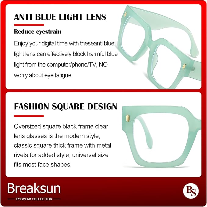 Breaksun Fashion Oversized Blue Light Blocking Glasses for Women Men Trendy Big Square Frame Computer Eyeglasses