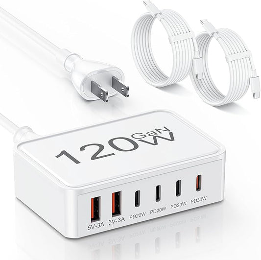 USB C Charger Block,120W GaN 6 Port Type C Fast Charging Station Hub,5FT Cord USB C Wall Charger Adapter Plug for iPad, iPhone 17, 16, 15, 14, 13, 12 Pro Max, Pixel, Galaxy and More