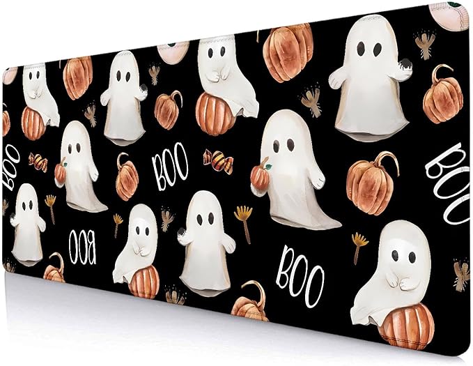 Boo Happy Halloween Large Mouse Pad, Cute Ghosts Black Desk Pad, Ripe Pumpkins Desk Mat, Computer Gaming Mouse Pad, Non-Slip Mousepad Playmat with Stitched Edges for Gamer Home & Office