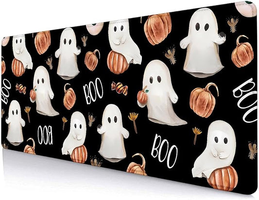 Boo Happy Halloween Large Mouse Pad, Cute Ghosts Black Desk Pad, Ripe Pumpkins Desk Mat, Computer Gaming Mouse Pad, Non-Slip Mousepad Playmat with Stitched Edges for Gamer Home & Office