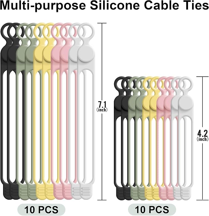 Nearockle Silicone Cable Ties Cord Organizer for Cable Management, 20PCS 4.2" and 7.1" Reusable Cable Organizer Electronic Accessories for Home, Office, Kitchen, School, Travel (5 Colors) - Image 7