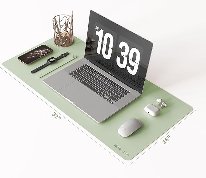 RENMTURE PU Mouse Pad, Faux Leather Large Desk Pad, Home Work Office Accessories, Non-Slip Desk Mat, Waterproof Gaming Pad Desk Blotter (32"x16", Light Green)
