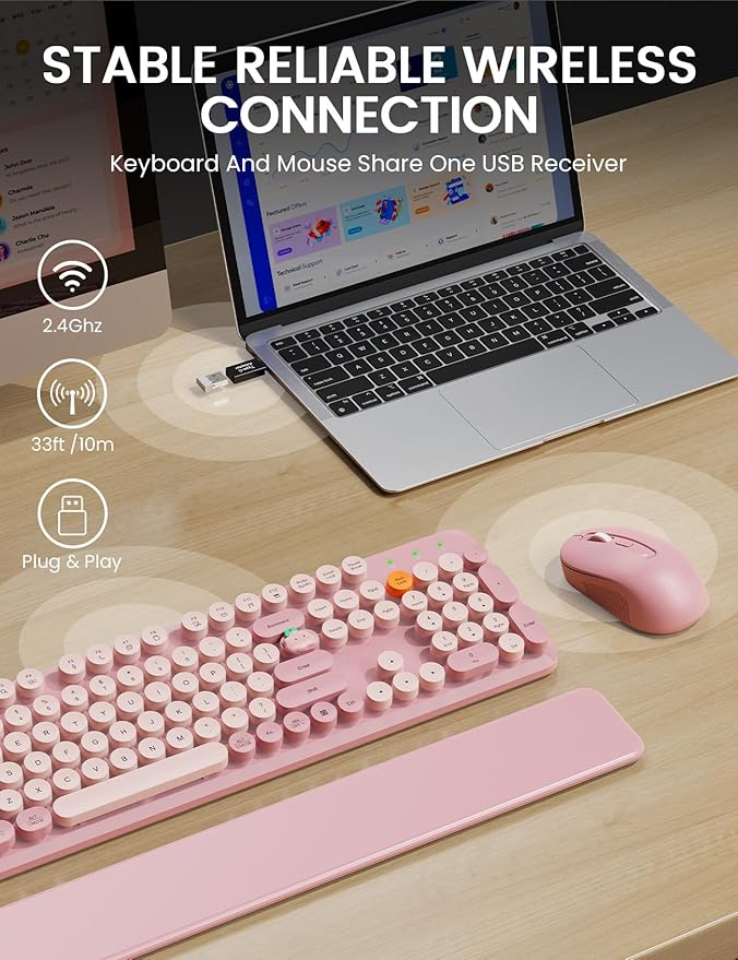 Wireless Keyboard and Mouse Combo, Typewriter Keyboard with Detachable Wrist Rest, Full-Size Retro Round Keycaps, Smart-Sleep, 2.4GHz Stable Connection for Mac/Windows/PC, Trueque(Dusty Rose)