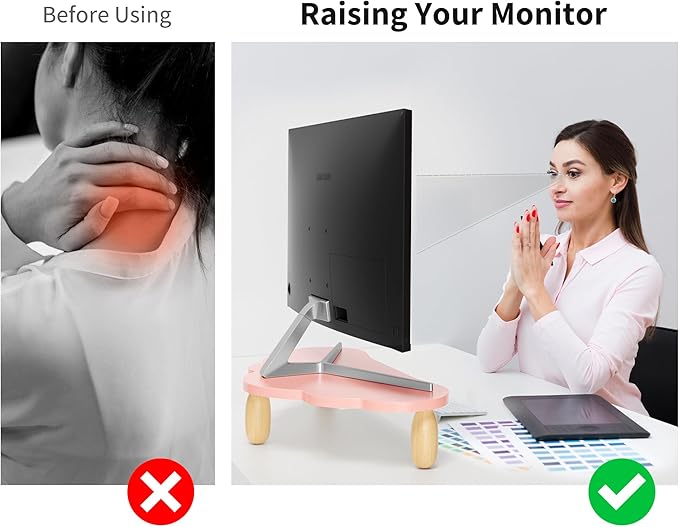 AFOOYO Monitor Stand Riser,Cloud-Shaped Sturdy Wood 16.5In Computer Monitor Riser Wirh Drawer, Multi-Purpose Desktop Organizer Riser for Computer,Laptop,Printer,TV,Pink
