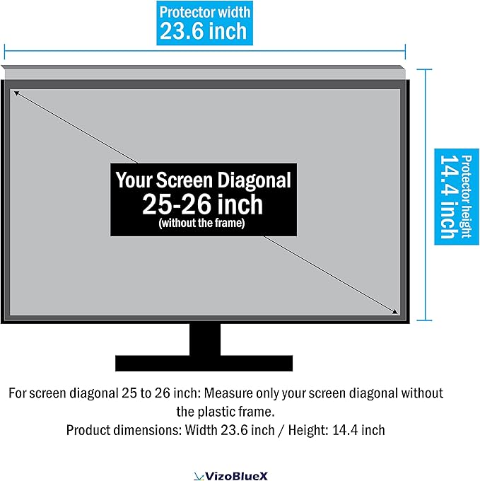 VizoBlueX 25-26 inch Anti-Blue Light Filter for Computer Monitor. Blue Light Monitor Screen Protector Panel (23.6 x 14.4 inch). Blocks Blue Light 380 to 495 nm. Fits LCD, TV and PC, Mac Monitors