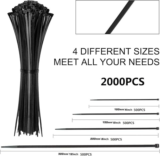 Zip Ties Assorted Sizes(4”+6”+8”+12”), 2000 Pack,Black Cable Ties,Multi-Purpose Self-Locking Nylon Cable Cord Management,Plastic Wire Ties for indoor and outdoor use. - Image 7