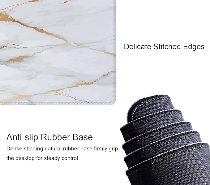 Desk Mat White Golden Marble Texture Large Keyboard Mouse Pad for Laptop PC Setup Desk Cover Protector Desk DéCor for Office Home Work Gaming 31.5" X 11.8" Stitched Edge Non-Slip Design