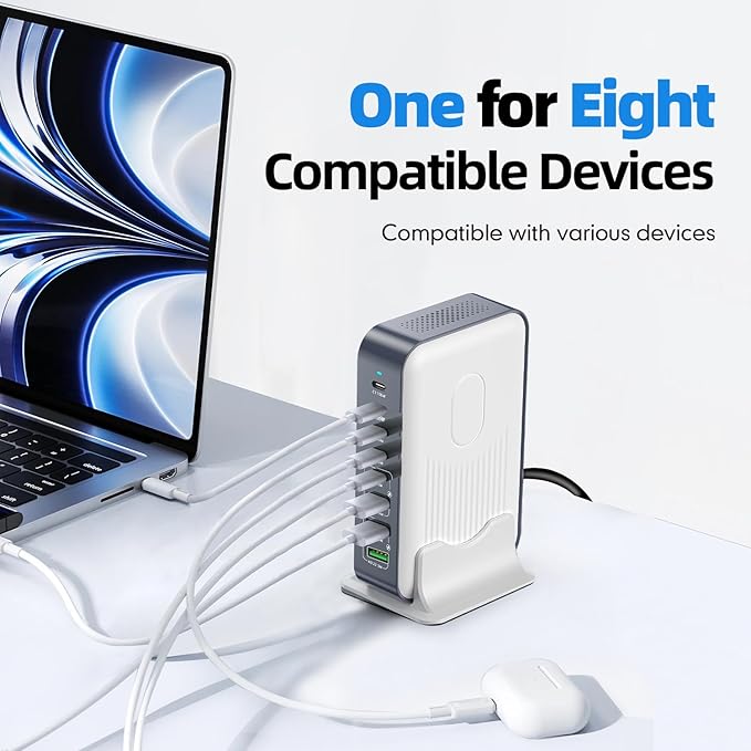 8 Ports USB C Fast Charger Block, Chagring Station Dual 100W PD PPS HUB for Multiple Devices, Laptop Adapter Compatible with MacBook Pro/Air iPad iPhone Pro Max