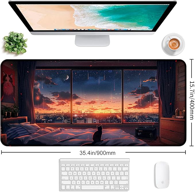 Anime Cat Fantasy Window Mouse Pad, Summer Mouse Pad Large Healing Night Scene, Game Table Pad XL Office Decoration Women's Laptop Keyboard Pad 35.4 x 15.7 x 0.12 Inches