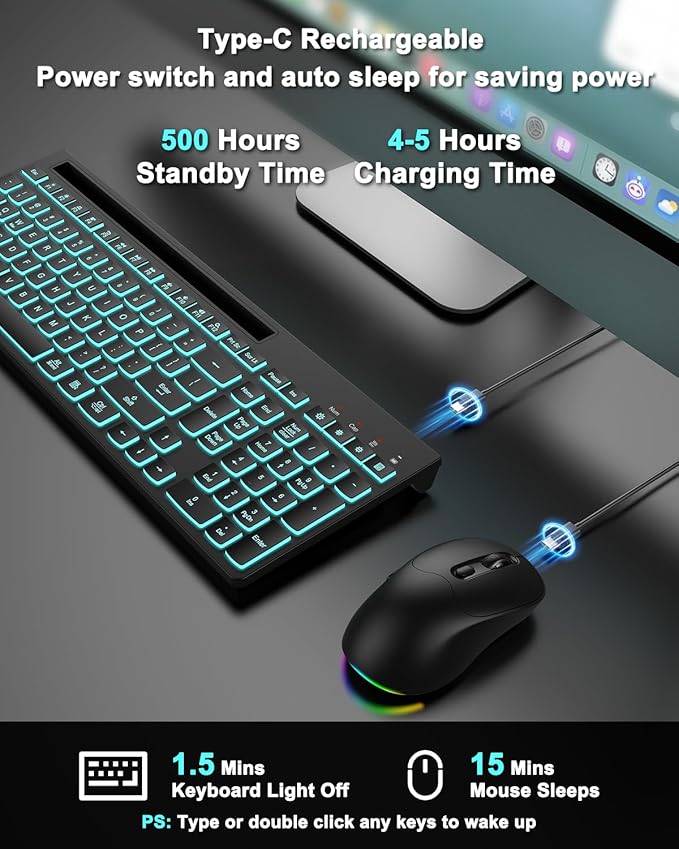 Wireless Keyboard and Mouse Combo, 7 Backlit Effects, Light Up Letters, Rechargeable, Phone Holder, 6 Button Mouse, Ergonomic Tilt Angle, 2.4GHz Silent USB Keyboard Mouse for Laptop, Computer, PC