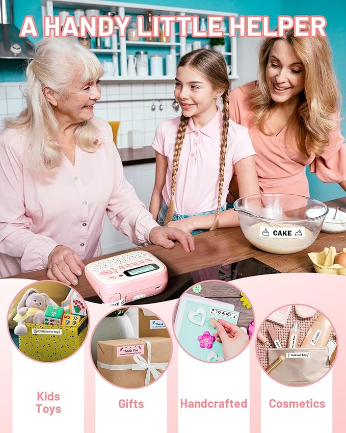 Pink Label Maker Machine with-Tape Waterproof, Portable Kids Label Maker, Keyboard Labeler Handheld, D210S Easy Labeler Machine with Multiple Fonts Frame Barcode for Home Office School Supplies