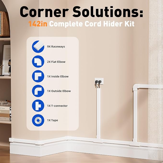 Delamu Cord Hider, 142in Cable Hider, Cord Covers for 3-4 Wires on Wall, Wire Covers for Cords, Wire Hiders for TV on Wall, Easier Setup Cable Cover Cable Management, W1.18 H0.63in, White - Image 3