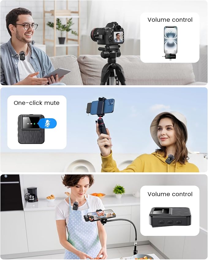 3-in-1 Mini Microphone for iPhone, Android, Camera - 328ft Long Range, 20H Battery Life, Wireless Microphones, Lapel Mic with AI Noise Reduction for Video Recording, Content Creators