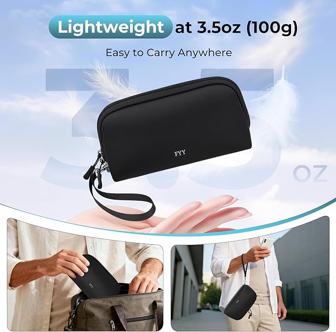 FYY Travel Cable Organizer - 8 Compartments Lightweight Water Resistant Tech Pouch with Wrist Strap Portable Electronic Accessories Case for Cord Charger Storage for Travel Home Office Black (Medium)