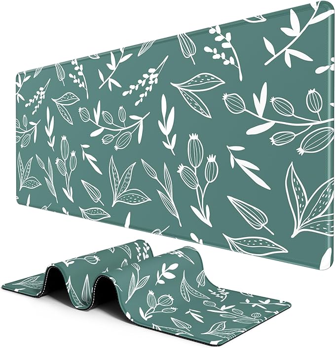 BOSOBO XXL Extended Gaming Desk Mat - Desktop Full Cover 35.5 x 15.7 Inches, Minimalist Green Flowers