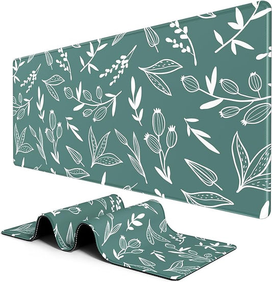 BOSOBO XXL Extended Gaming Desk Mat - Desktop Full Cover 35.5 x 15.7 Inches, Minimalist Green Flowers