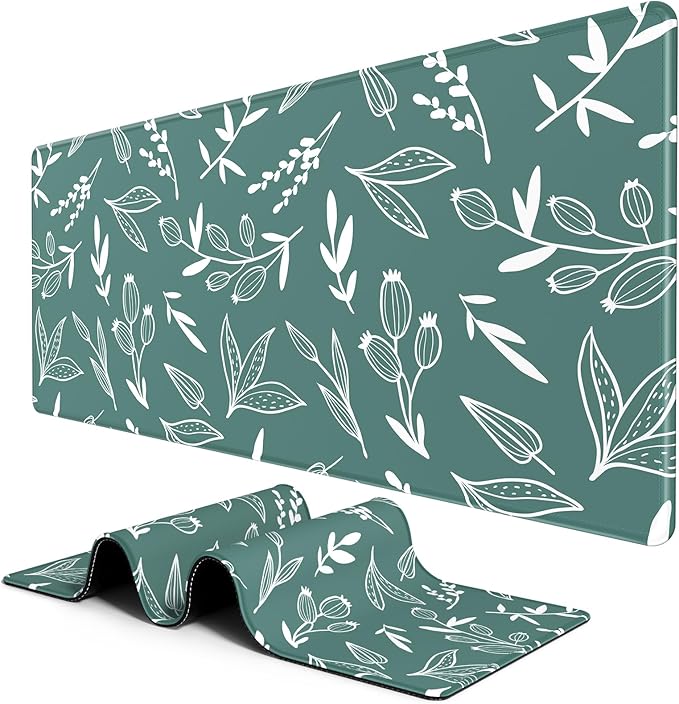 BOSOBO Large Desk Pad, XXL XL Extended Gaming Pad, Desktop Full Cover 31.5 x 11.8 Inches, Minimalist Green Flowers