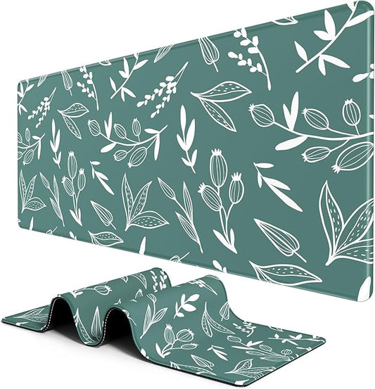 BOSOBO Large Desk Pad, XXL XL Extended Gaming Pad, Desktop Full Cover 31.5 x 11.8 Inches, Minimalist Green Flowers