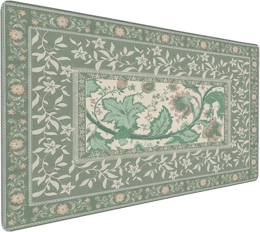 Sage Green Floral XXL Desk Pad Mat - Extra Large Mouse Pad with Anti-Slip Base & Stitched Edges for Women, Office, Home Desktop Computer Keyboard, Aesthetic Office Decor Supplies