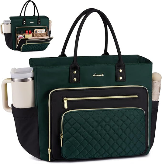LOVEVOOK Laptop Tote Bag for Women, Work Bags Computer Laptop Bag, Teacher Tote Bag, Professional Briefcase Business Large Purses Handbag Gifts, Dark Green-Black, 17 Inch