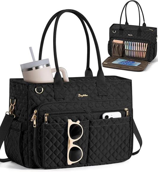 Bagstellar Teacher Bags for Women, 15.6 inch Laptop Work Tote Bag Quilted Nurse Bible Computer Shoulder Bag for School Travel | Dream Tote Work Bag, with 40oz Cup Holder, Insulated Pocket, Zipper & Strap, Office Briefcase, Ideal Gift for Women
