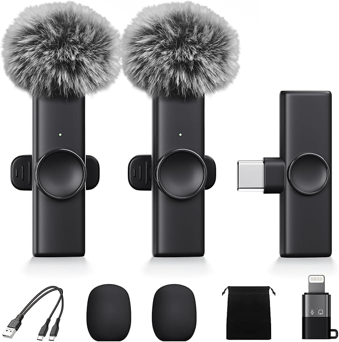2 Pack Wireless Lavalier Microphone for iPhone iPad Android, Plug & Play Lapel Mic with Noise Reduction, Professional Mini Mic for Video Recording, YouTube TikTok Vlog Podcast Interview Livestream