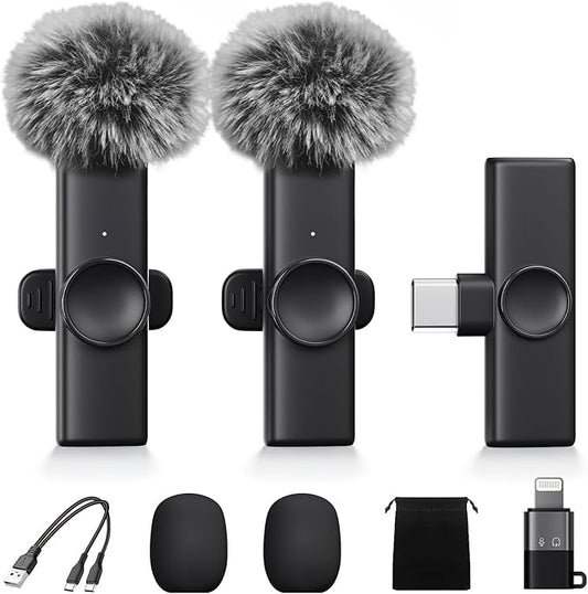 2 Pack Wireless Lavalier Microphone for iPhone iPad Android, Plug & Play Lapel Mic with Noise Reduction, Professional Mini Mic for Video Recording, YouTube TikTok Vlog Podcast Interview Livestream