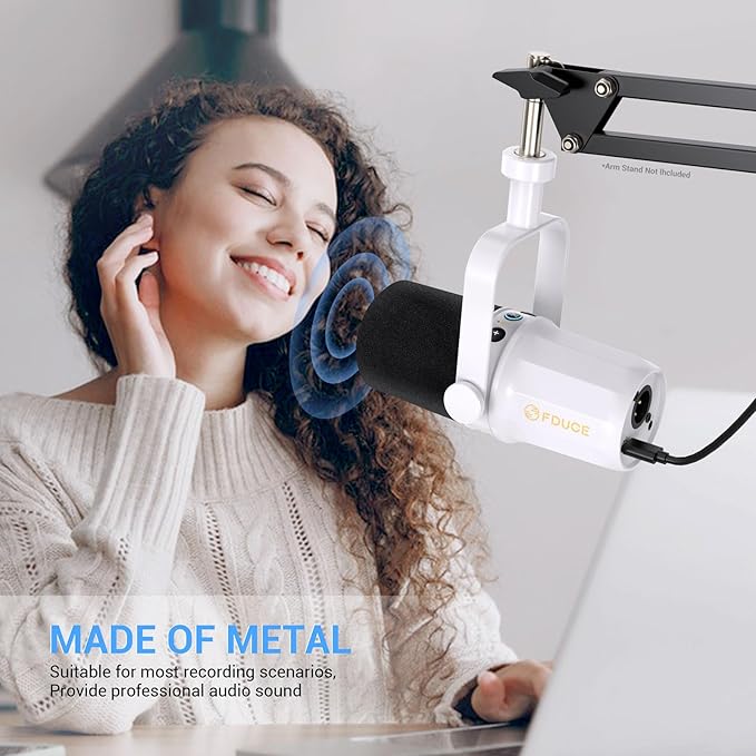 FDUCE SL40 Dynamic Microphone for Podcasting, Gaming, Live Streaming and Recording, Built-in Headphone Output, LED Mute Button, All-Metal USB/XLR, Voice Isolation Technology (White)
