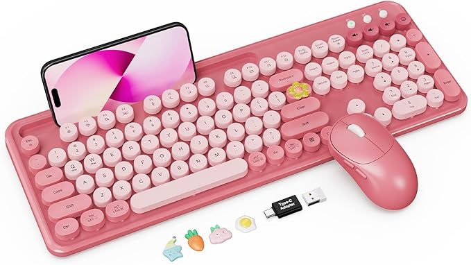 Wireless Keyboard and Mouse Combo, Cute Full-Size Typewriter-Style Keyboard, Retro Round Keycaps, Phone/Tablet Holder, 3-Level DPI Mouse, 2.4GHz Cordless for Mac Windows PC Laptop, Trueque CK13, Pink