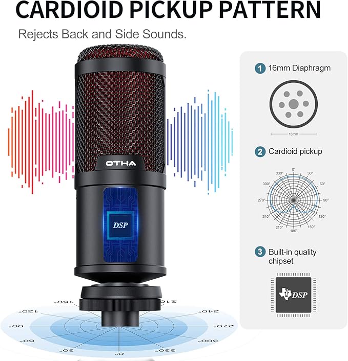 OTHA USB Microphone, Gaming Condenser Microphone, PC Mic for Podcasts Videos with Tripod Stand, Professional Microphone 192kHz/24Bit Plug & Play for Podcast, Streaming, Studio