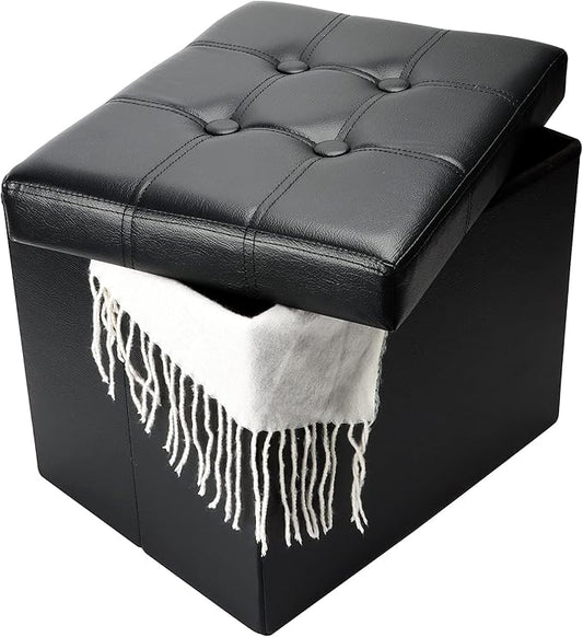 Bsketa Storage Ottoman, Folding Foot Stool with Thicker Foam Padded Seat Small Leather Storage Ottoman Bench Foot Rest for Living Room Foldable Coffee Table 17x13x13in,Black
