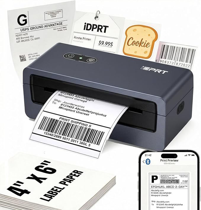iDPRT 4x6 Bluetooth Thermal Shipping Label Printer, Wireless Label Maker for Shipping Packages, Work with iOS Android Windows, Support Amazon Shopify USPS UPS