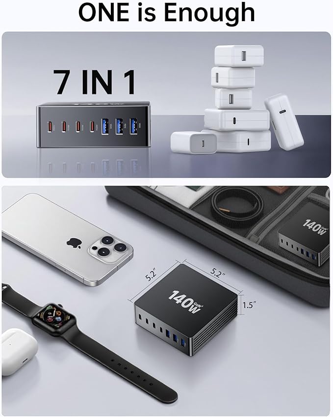 USB C Charging Station, 140W GaN III 7 Port Fast Charger Station, PD 3.0 USB Charging Station for Multiple Devices, USB Charging Hub, Multiple USB C Charger Station for iPad iPhone Samsung Android