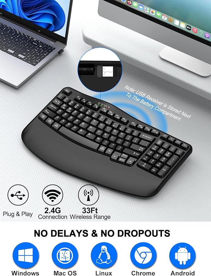 Ergonomic Wireless Keyboard with Wrist Rest, Wave Keys, Comfortable Natural Typing, 2.4GHz Ergo Wireless USB Computer Keyboard for Large Hands, Windows, Mac, Laptop, PC