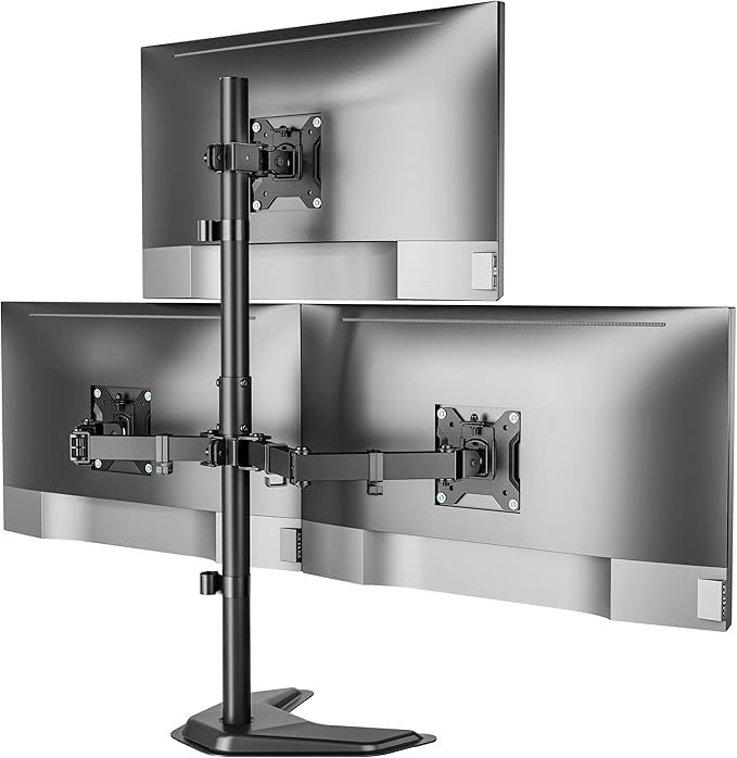 monTEK Stable Triple Monitor Stand, Free Standing Fully Adjustable Desk Mount for 3 Screen up to 17”-32” and 22lbs Capacity Each Arm, Heavy Duty Base, VESA 75x75mm/ 100x100mm
